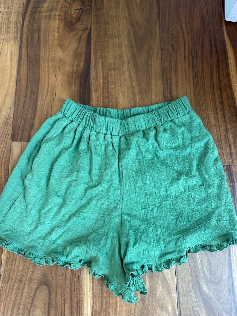 Free People Teal Green Elastic-Waist Ruffle-Hem Shorts